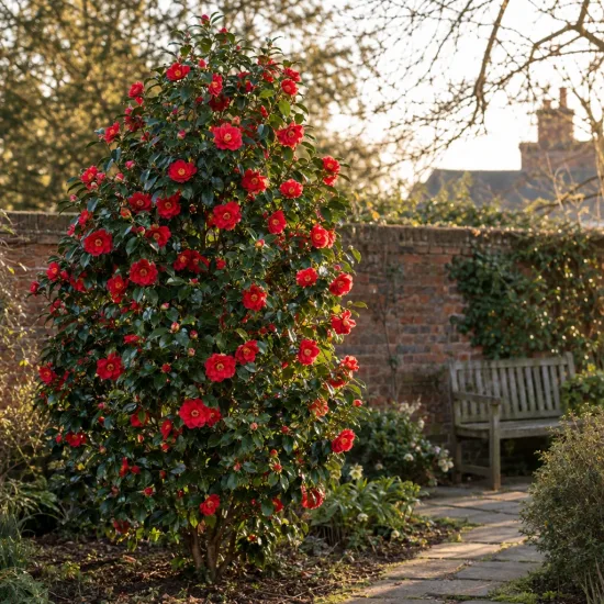 Camelia 'Volcano' (Camelia japonica) — arbuste couvert de fleurs rouges dans un jardin · Photo d'illustration