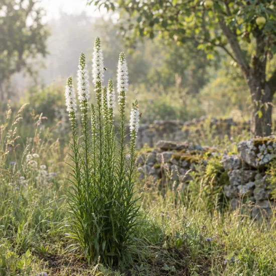 Plume du kansas 'Floristan weiss' (Liatris spicata) — touffe de longues hampes florales blanches au jardin · Photo d'illustration