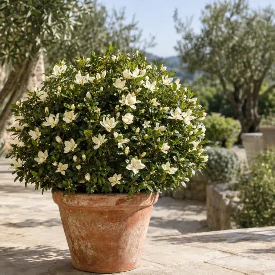 Magnolia 'Vanilla pearls' (Magnolia laevifolia) — arbuste dense fleuri en pot en terre cuite