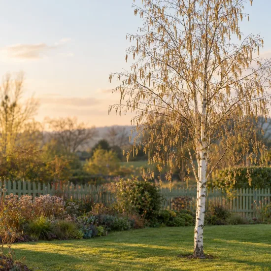 Bouleau de l'himalaya 'Doorenbos' (Betula utilis) — arbre élancé au tronc clair dans un jardin · Photo d'illustration