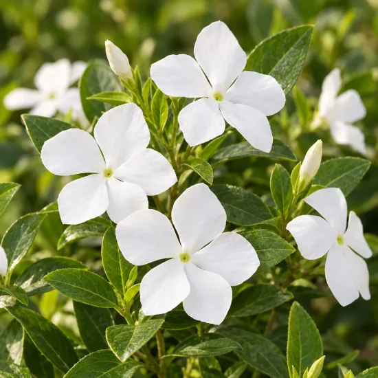 Petite pervenche 'Alba' (Vinca minor) — fleurs blanches ouvertes et boutons floraux sur feuillage
