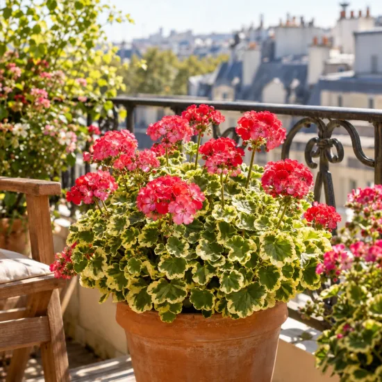 Géranium zonal panaché 'Gazelle' (Pelargonium) — boule de fleurs rouges en pot sur balcon · Photo d'illustration