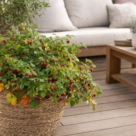 Framboisier nain arctique 'Beata' (Rubus arcticus) — plante fruitière retombante en bac tressé sur terrasse · Photo d'illustration
