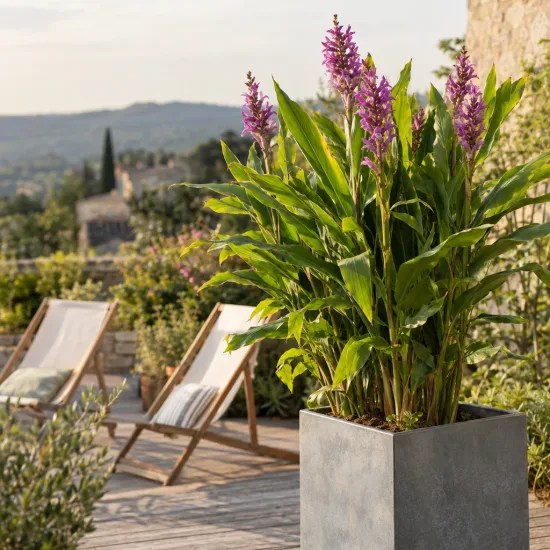 Gingembre ornemental (Hedychium pourpre) — plante à fleurs pourpres sur terrasse aménagée · Photo d'illustration