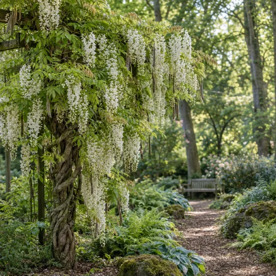 Glycine du japon 'Longissima alba' (Wisteria floribunda) — grappes de fleurs blanches retombantes dans un jardin ombragé · Photo d'illustration