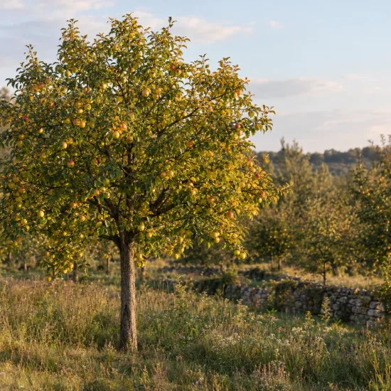 Pommier 'Eztika' (Malus domestica) — arbre fruitier isolé dans une prairie ensoleillée · Photo d'illustration