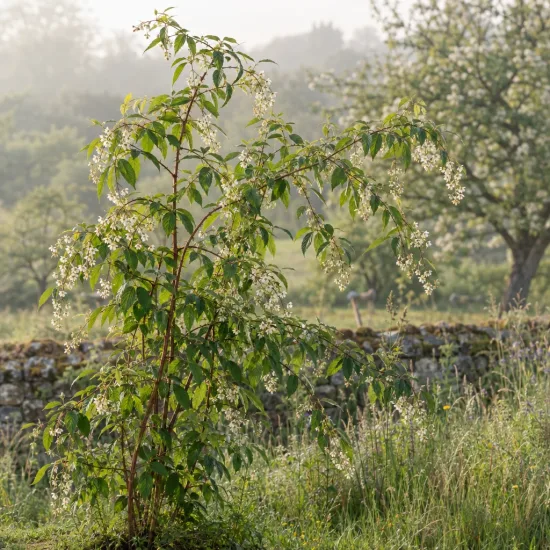 Ronce du yunnan (Rubus penduliflorus) — arbuste élancé aux petites fleurs claires retombantes · Photo d'illustration