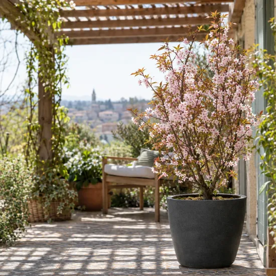 Cerisier à fleurs du japon nain 'Paean' (Prunus incisa) — arbuste fleuri en pot sur terrasse couverte · Photo d'illustration