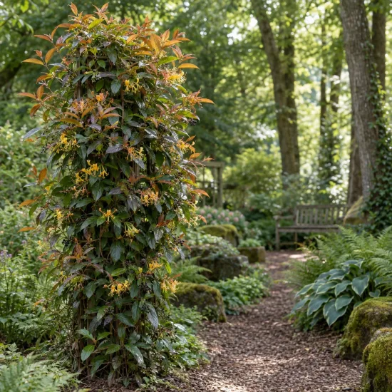 Chèvrefeuille 'Copper beauty' (Lonicera henryi) — plante grimpante jaune cuivré sur support en jardin · Photo d'illustration