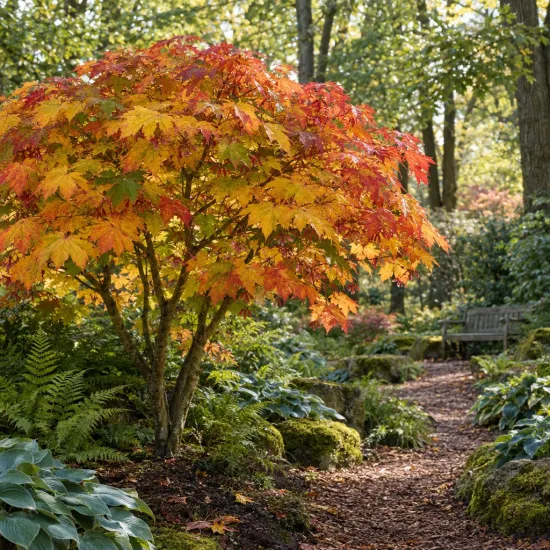 Érable du japon à feuilles d'aconit 'Vitifolium' (Acer japonicum) — petit arbre aux feuilles colorées près d’un sentier · Photo d'illustration