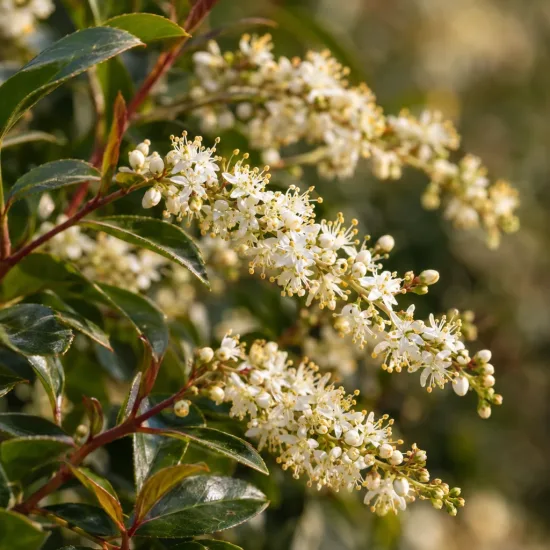 Laurier du portugal 'Myrtifolia' (Prunus lusitanica) — grappes de petites fleurs blanches et feuillage brillant · Photo d'illustration
