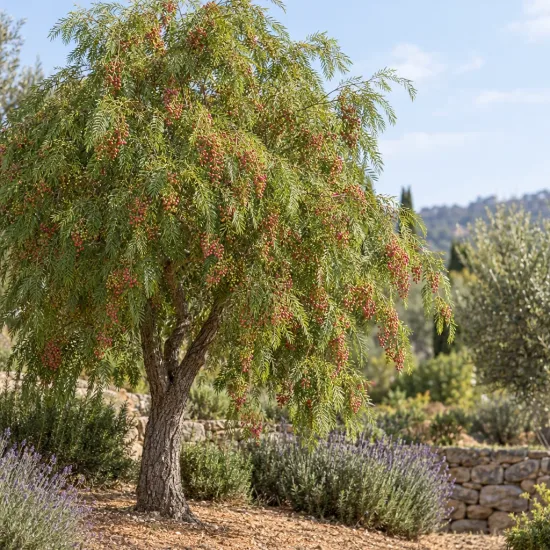 Faux poivrier (Schinus) — arbre aux nombreuses grappes de petits fruits rouges · Photo d'illustration