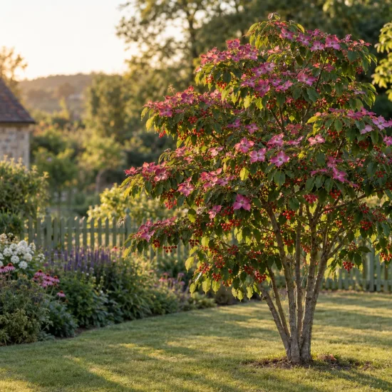 Cornouiller du japon 'Beni fuji' (Cornus kousa) — arbuste fleuri isolé sur pelouse de jardin · Photo d'illustration