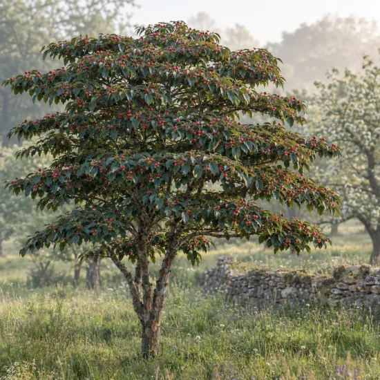 Cornouiller du japon 'Blue shadow' (Cornus kousa) — petit arbre au port étagé avec fruits rouges · Photo d'illustration