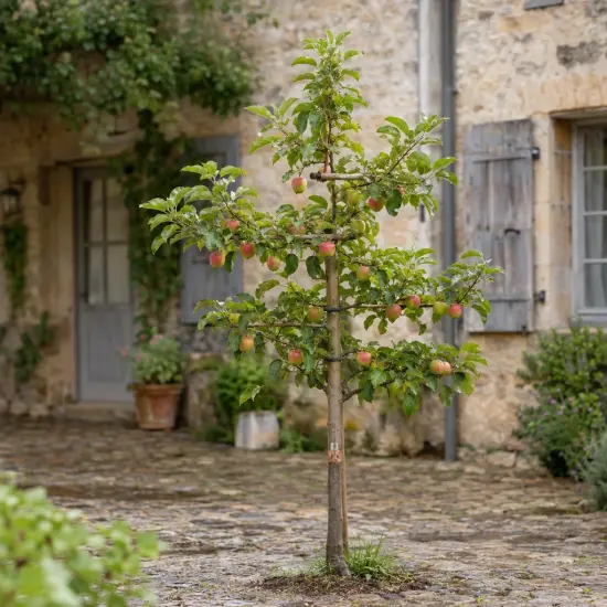 Pommier 'M26' (Malus domestica) — petit arbre fruitier au centre d’une cour pavée