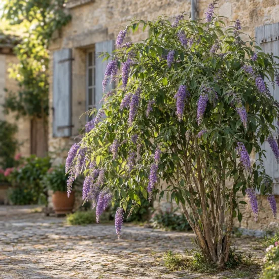 Arbre aux papillons de lindley (Buddleia lindleyana) — arbuste fleuri aux longues grappes mauves devant maison · Photo d'illustration