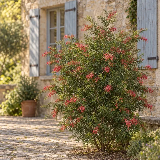 Grevillea 'Mason's hybrid' — arbuste fleuri devant maison en pierre, plein air · Photo d'illustration