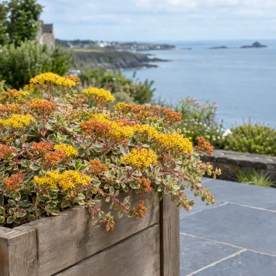 Orpin jaune 'Variegatum' (Sedum kamtschaticum) — plante fleurie en bac bois devant paysage côtier · Photo d'illustration
