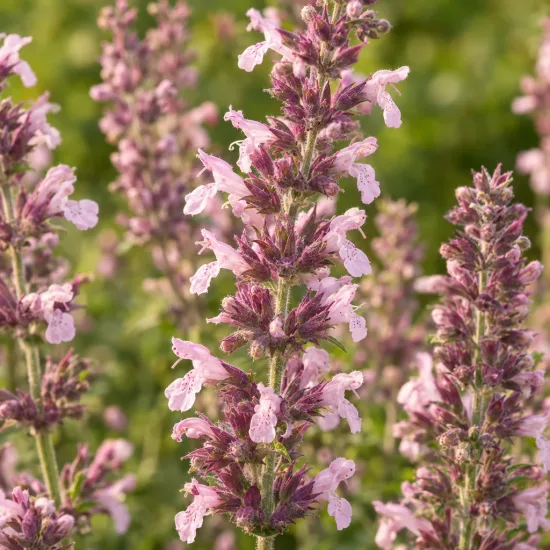 Menthe aux chats 'Dawn to dusk' (Nepeta grandiflora) — épis floraux denses roses et mauves, gros plan