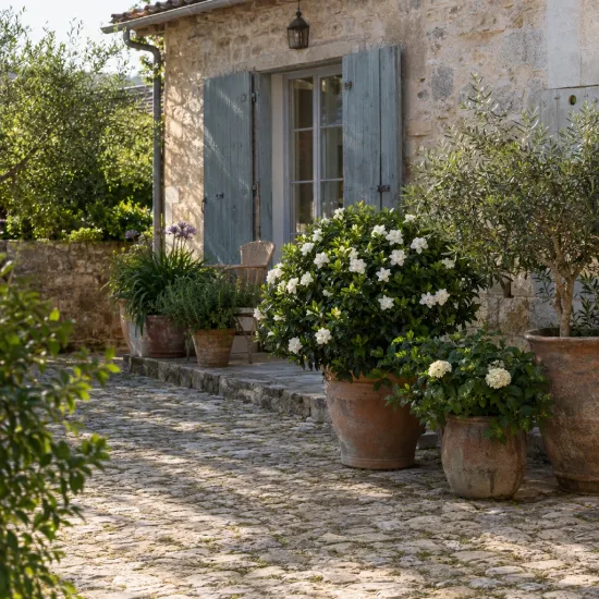 Tiaré 'Summer snow' (Gardenia jasminoides) — grand arbuste fleuri en pot devant maison en pierre · Photo d'illustration