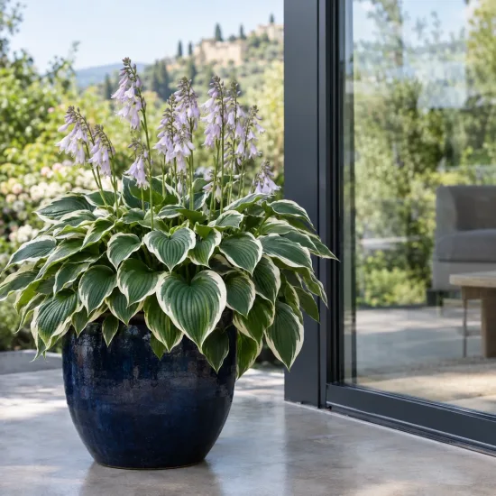 Hosta 'Francee' (Hosta fortunei) — plante en pot sur terrasse avec feuillage panaché · Photo d'illustration