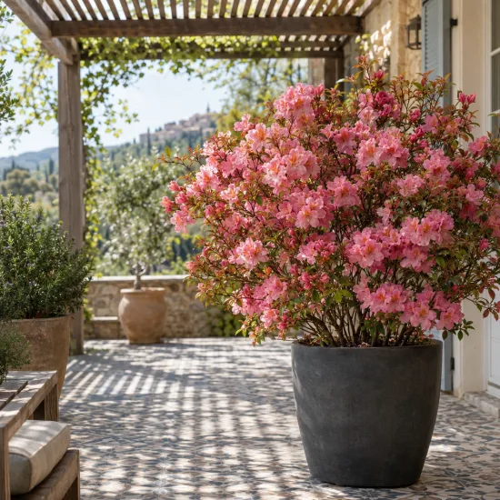 Azalée de chine 'Berry' (Azalea mollis) — grand arbuste fleuri rose en pot sur terrasse · Photo d'illustration