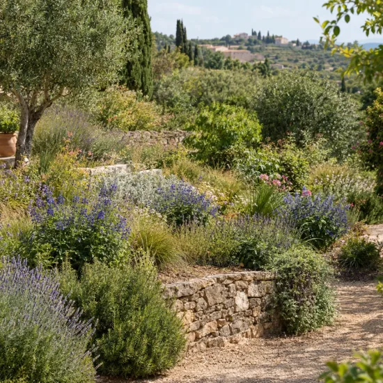 Sauge gentiane 'Blue angel' (Salvia patens) — massif fleuri en terrasses dans jardin méditerranéen · Photo d'illustration