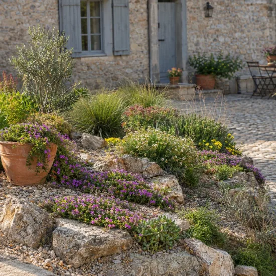 Pourpier vivace 'Bird purple' (Delosperma) — massif rocailleux fleuri devant maison en pierre · Photo d'illustration