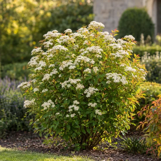 Spirée du japon 'Shirobana' (Spiraea japonica) — arbuste arrondi couvert de petites fleurs blanches · Photo d'illustration