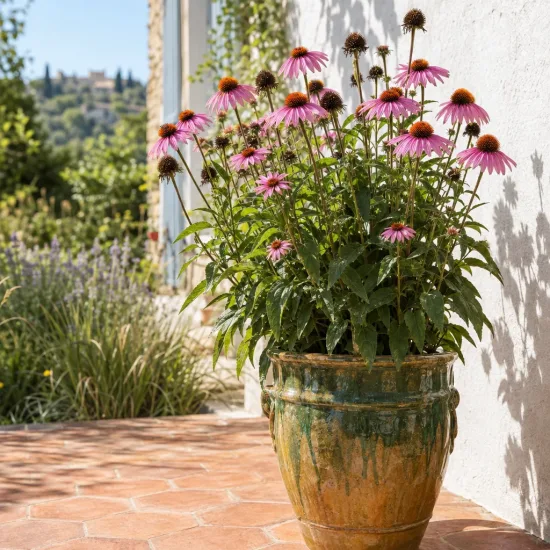 Échinacée (Echinacea purpurea) — touffe de fleurs mauves en pot sur terrasse · Photo d'illustration