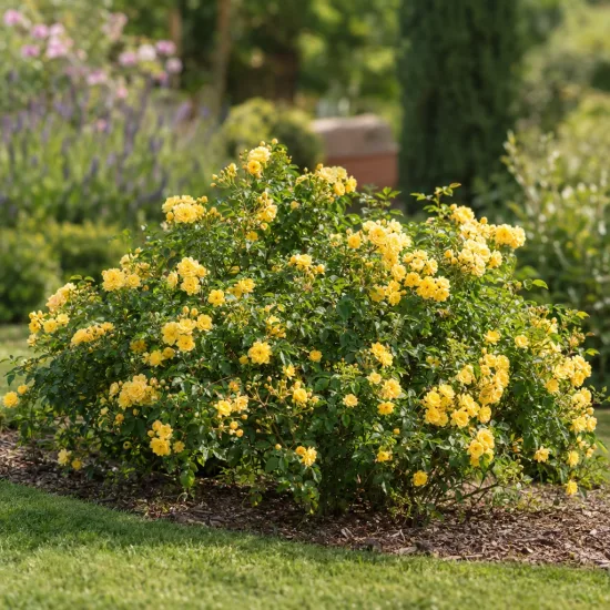 Rosier couvre-sol 'The fairy jaune' (Rosa) — massif arrondi de petites fleurs jaunes · Photo d'illustration