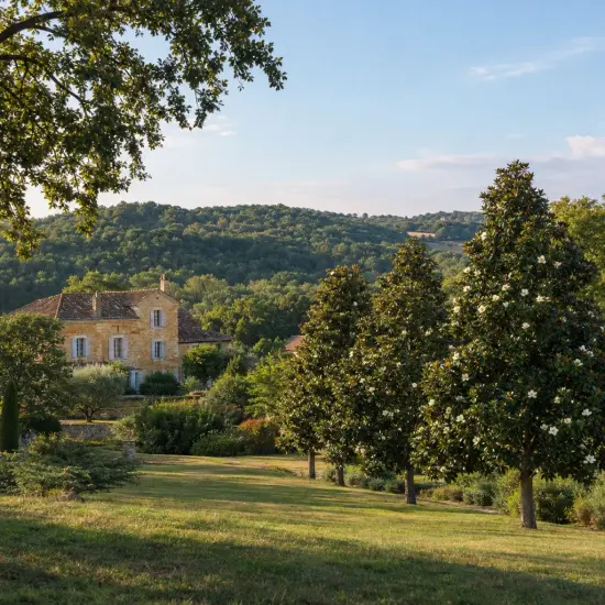 Magnolia de la galissonnière 'Galissoniere' (Magnolia grandiflora) — alignement d'arbres ornementaux devant une maison de campagne