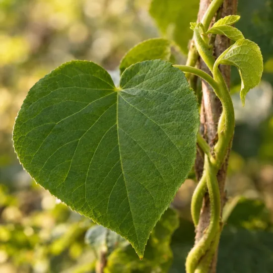 Kiwi 'Jenny' (Actinidia deliciosa) — gros plan sur grande feuille cordiforme et vrilles · Photo d'illustration