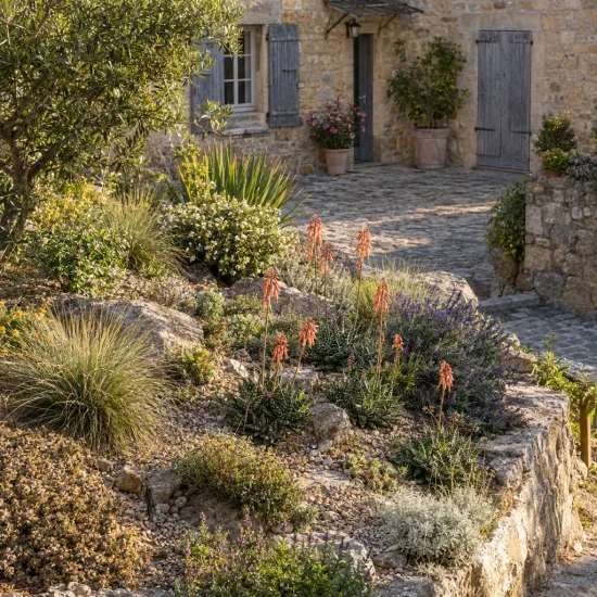 Résistant au sec et au gel (Aloe aristata) — massif sec méditerranéen devant maison en pierre · Photo d'illustration