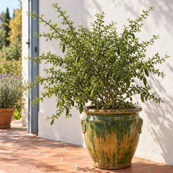 Citronnier caviar 'Green finger' (Citrus australasica) — arbuste buissonnant en pot vernissé sur terrasse