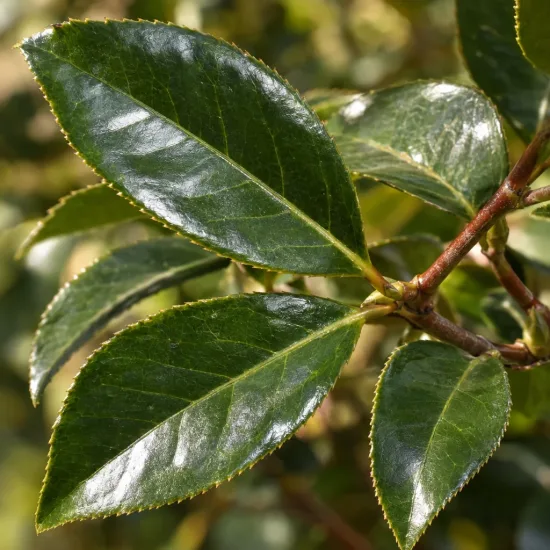 Camelia 'Donation' (Camelia japonica) — gros plan sur feuilles vertes vernissées · Photo d'illustration