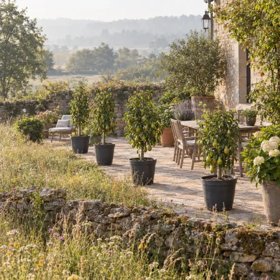 Poirier 'Garden pearl' (Pyrus communis) — alignement d'arbres fruitiers en pot sur terrasse
