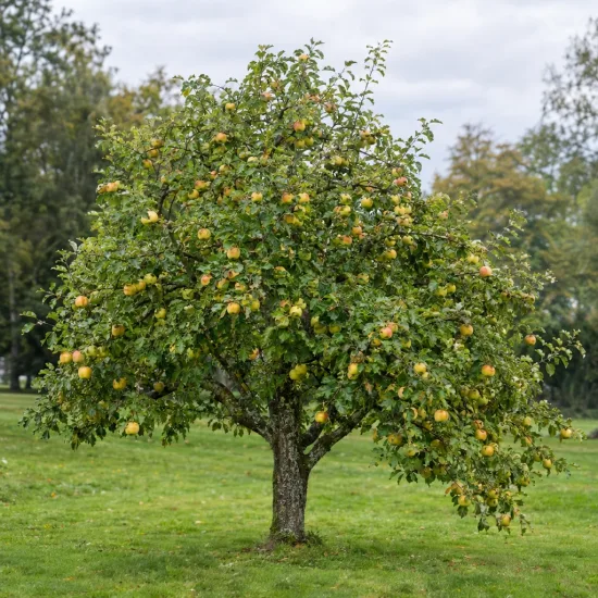 Pommier 'Belchard' (Malus domestica) — arbre fruitier isolé chargé de pommes · Photo d'illustration