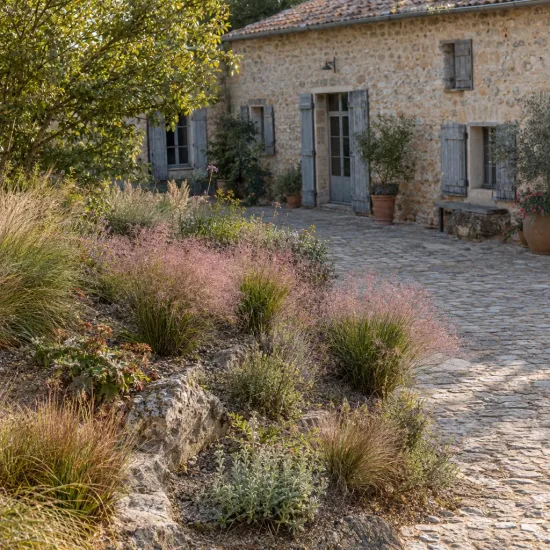 Eragrostis (Eragrostis spectabilis) — touffes de graminées vaporeuses bordant une allée pavée · Photo d'illustration