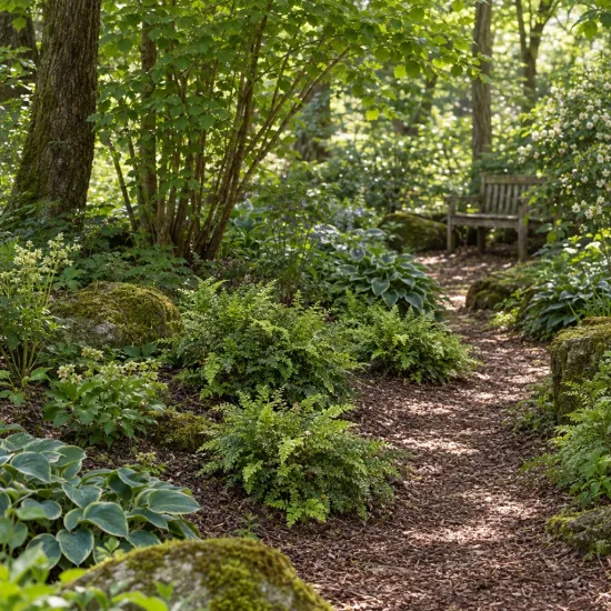 Aspidie à cils raides 'Plumosum densum' (Polystichum setiferum) — massifs de fougères bordant un sentier forestier ombragé