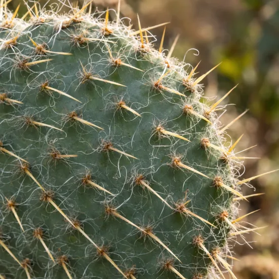 Cactée 'Trichophora' (Opuntia polyacantha) — raquette de cactus en gros plan avec épines
