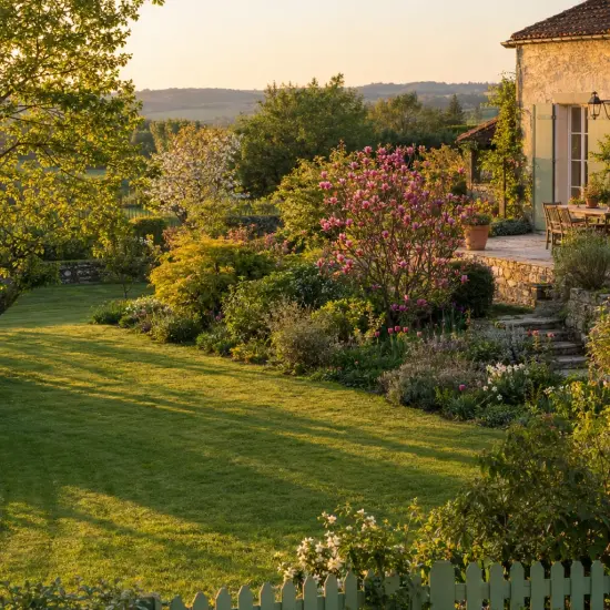 Magnolia 'Ricky' — grand jardin paysager autour d’une maison en pierre