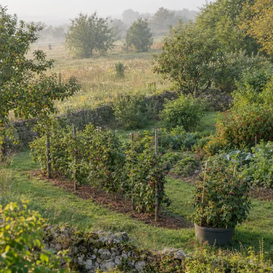 Murier 'Mont blanc' (Rubus fruticosus) — rangées d'arbustes fruitiers tuteurés dans grand jardin · Photo d'illustration