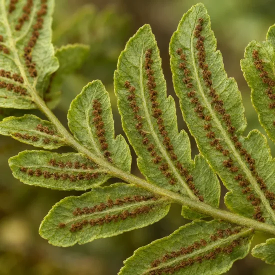 Fougère mâle 'Crispa cristata' (Dryopteris) — gros plan de fronde montrant les sores bruns