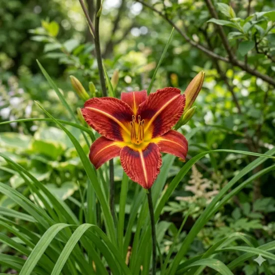 Hémérocalle 'Cameroons' (Hemerocallis) — grande fleur étoilée bicolore dans un massif