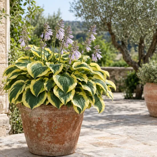 Lis plantain 'Twilight' (Hosta fortunei) — touffe dense au feuillage panaché et fleurs mauves · Photo d'illustration