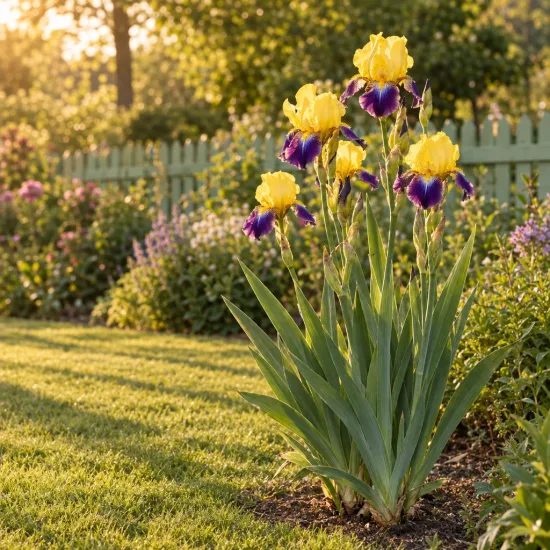 Iris d'allemagne 'Millestone jaune' (Iris germanica) — touffe d’iris bicolores jaunes et violets au jardin · Photo d'illustration
