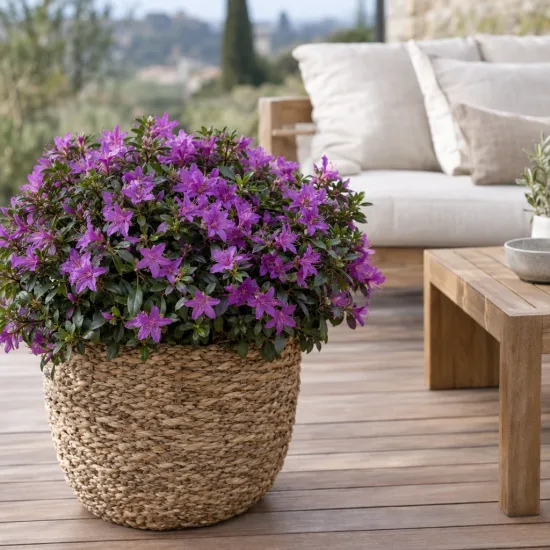 Azalée japonaise 'Steren purple' (Azalea japonica) — arbuste fleuri violet dans grand cache-pot tressé sur terrasse · Photo d'illustration
