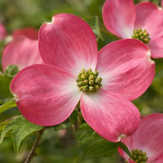 Cornouiller à fleurs américain 'Cherokee chief' (Cornus florida) — gros plan sur bractées rose vif et cœur vert