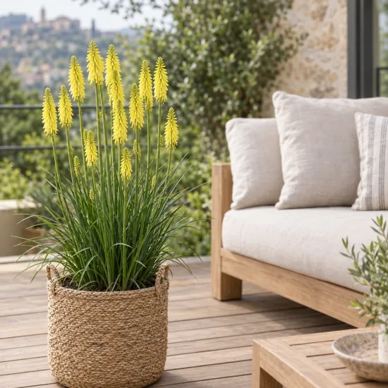 Kniphofia 'Lemon popsicle' (Kniphofia uvaria) — touffe de fleurs jaunes en pot tressé sur terrasse · Photo d'illustration